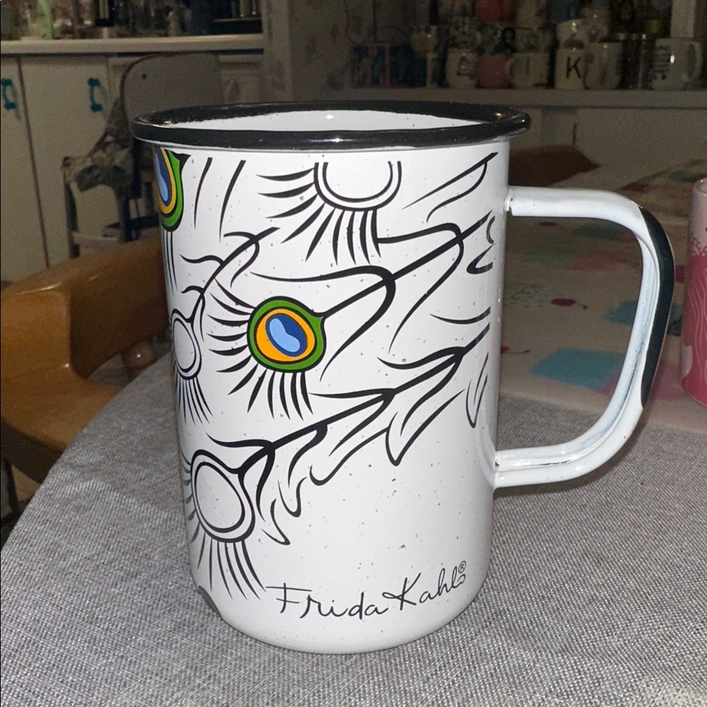 FRIDA KAHLO DISTRESSED ENAMELED METAL PEACOCK FEATHERS MUG